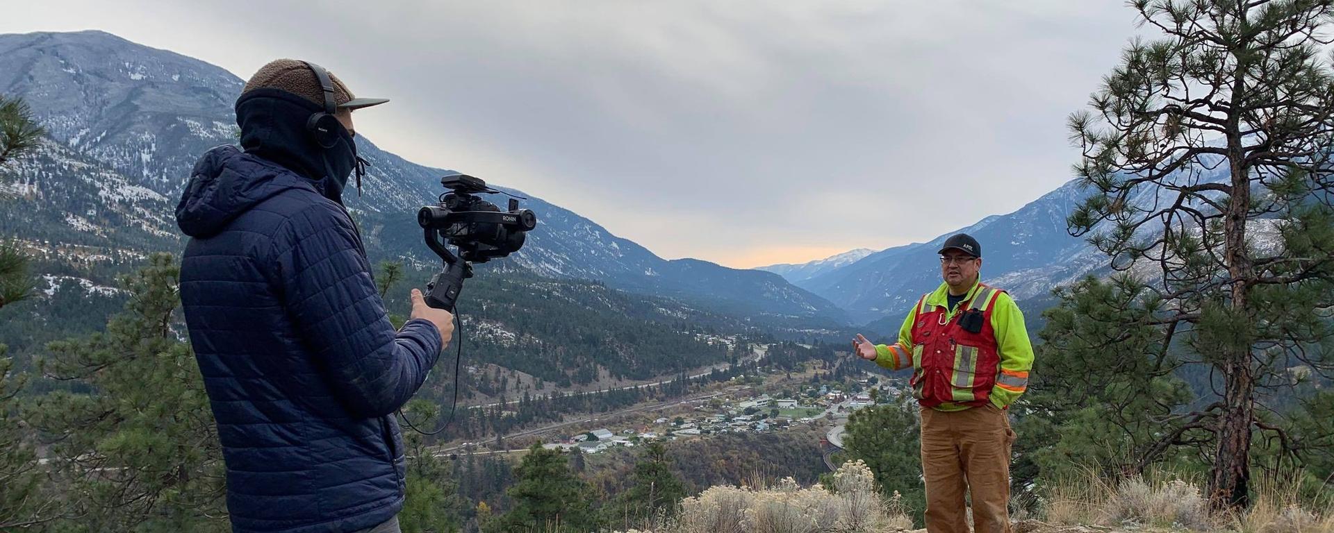Volunteer professional videographer Ben Grayzel, alongside expert water operator Warren Brown of Lytton First Nations, shooting for the video learning library.