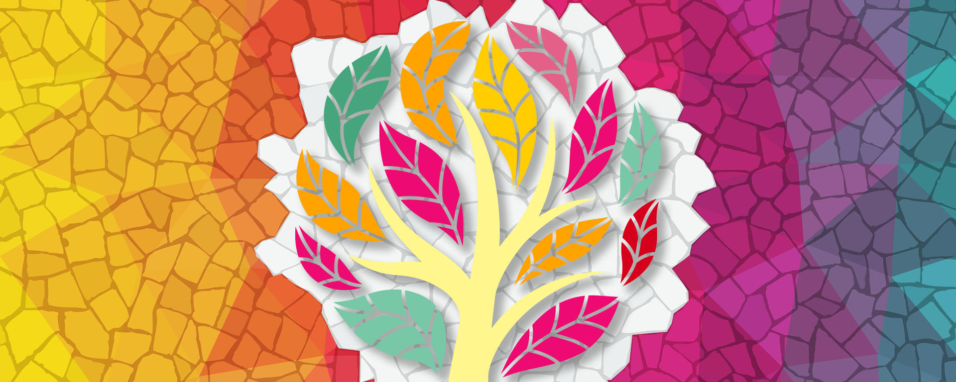 A graphic of a tree with different coloured leaves that sits on a colourful mosaic-looking background