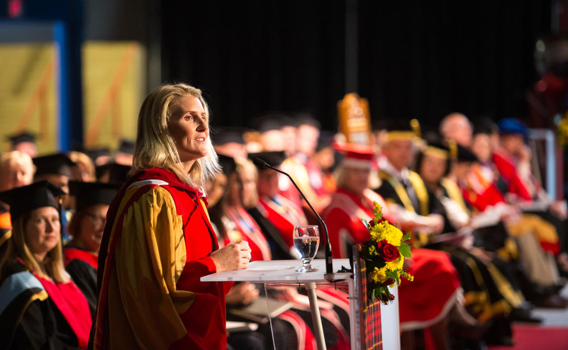 Hayley Wickenheiser speaks at convocation June 7, after receiving an honorary Doctor of Laws from the University of Calgary.