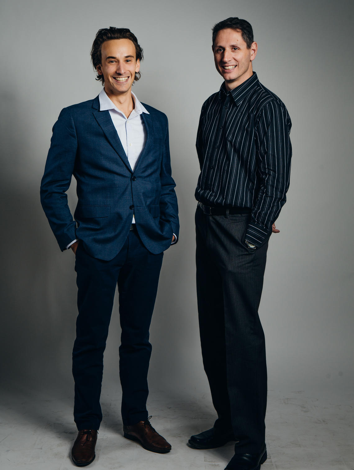 Pierre Wijdenes, left, and Colin Dalton of Neuaura. The company illustrates cross-campus collaboration, with Wijdenes developing the chip during his PhD in biomedical engineering along with Naweed Syed from the Cumming School of Medicine, and Dalton from the Schulich School of Engineering.