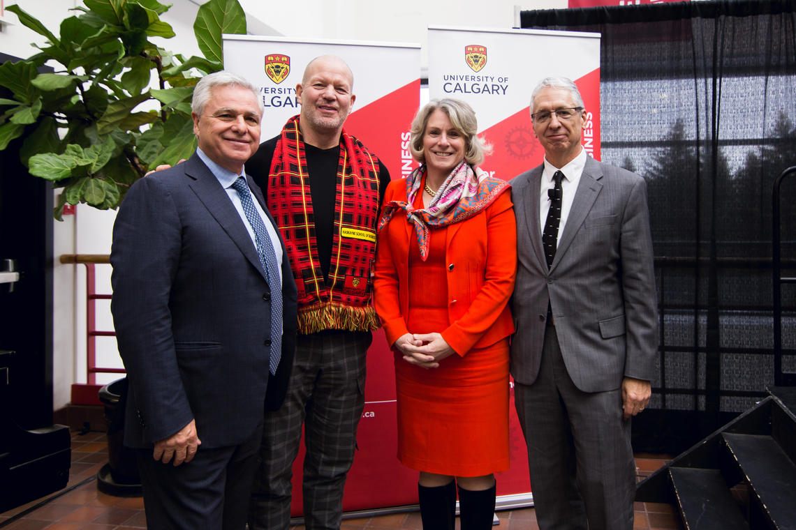 At the Wayne Henuset Entrepreneurship Speaker Series, University of Calgary, from left: Wayne Henuset, president and owner, Willow Park Wines and Spirits; Chip Wilson, founder of lululemon athletica; Elizabeth Cannon, president and vice-chancellor, University of Calgary; and Jim Dewald, dean of the Haskayne School of Business. Photo by Kelly Hofer, for the Haskayne School of BusinessAt the Wayne Henuset Entrepreneurship Speaker Series, University of Calgary, from left: Wayne Henuset, president and owner, Wi