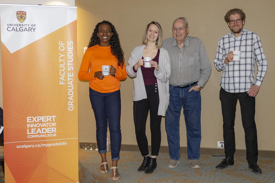 Graduate students, from left: Anthonia Anowai, Carly Pontifex and Dante Bencivenga with Rocky Ridge resident Leon Root.