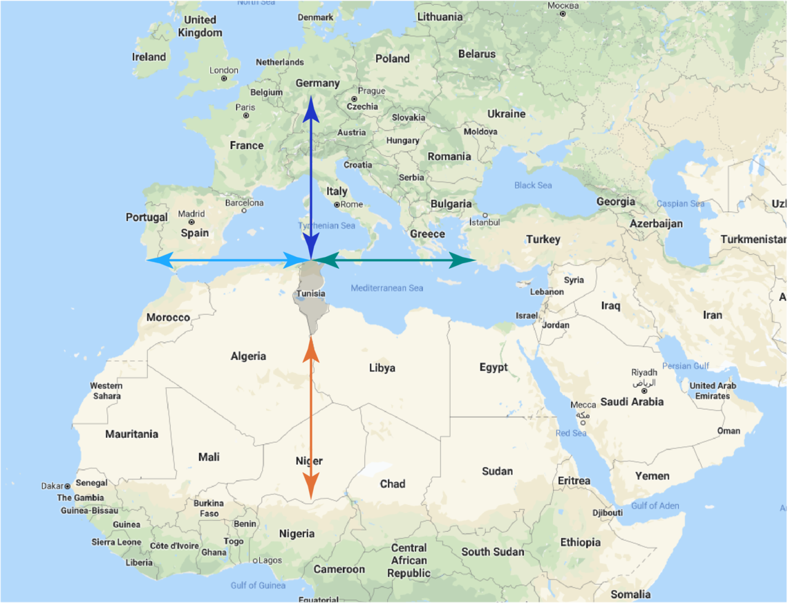 Map of Tunisia’s location with projected geographic proximity to three continents: Europe, Africa and Asia.