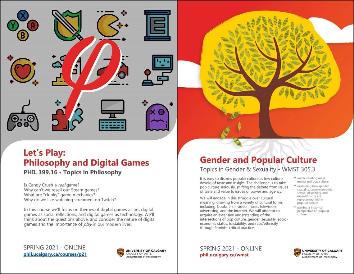 Course posters for Philosophy and Digital Games, and Gender and Popular Cultures