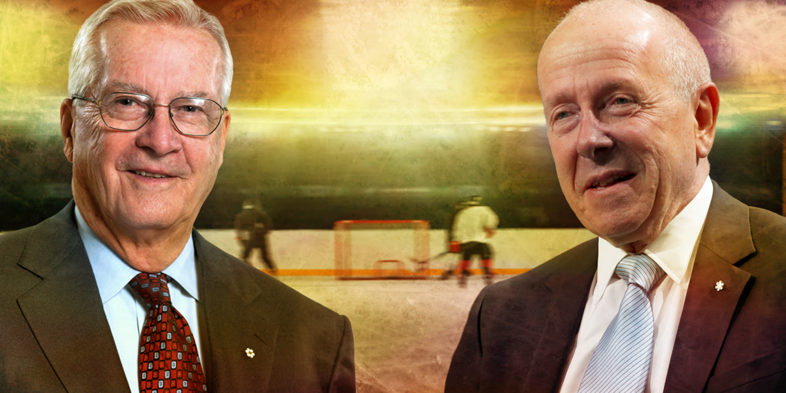 Harley Hotchkiss and Larry Tanenbaum in compliation image with hockey rink background