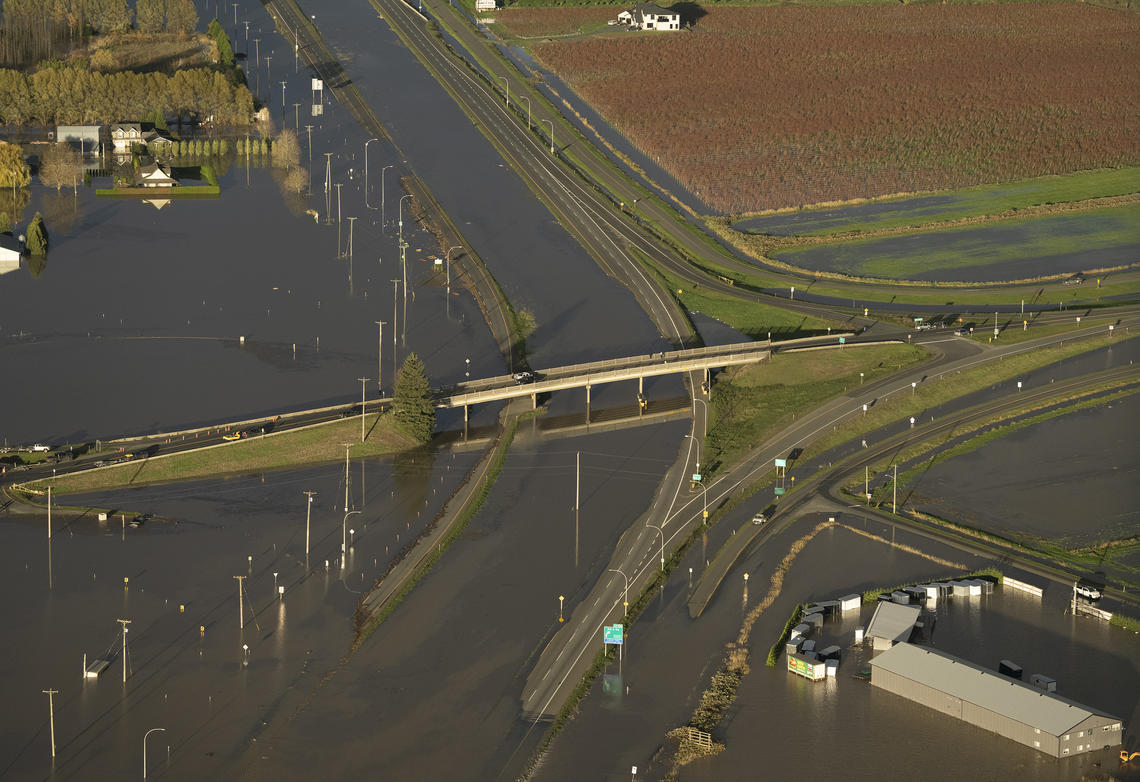 An overpass is pictured going over a flooded Highway 1 near Chilliwack, B.C. 