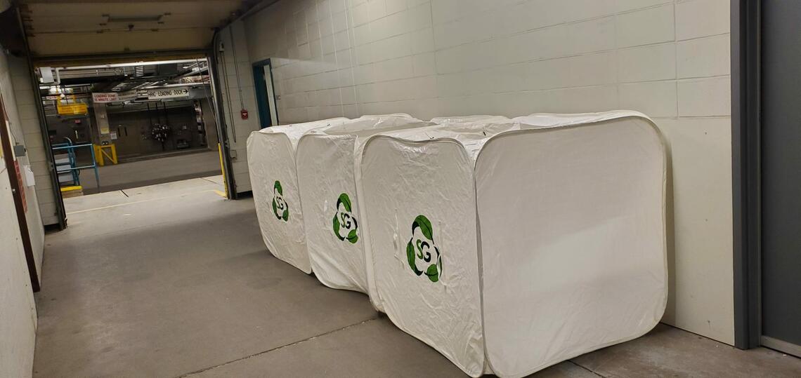 Recycling bins located at Foothills campus loading dock