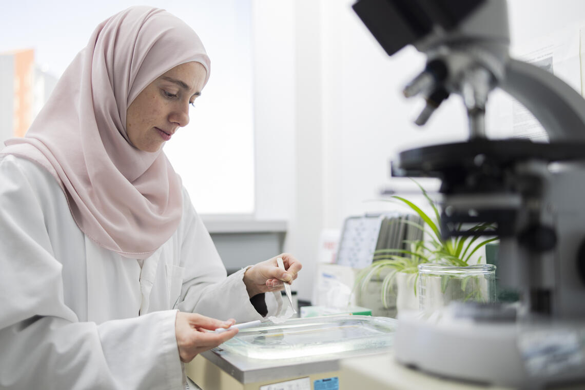 A woman in a hijab works in a lab