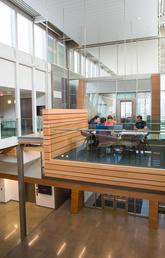 A series of hanging pods are suspended from the building’s spine, serving as informal meeting spaces, work areas, or places to relax. Photo by Riley Brandt, University of Calgary